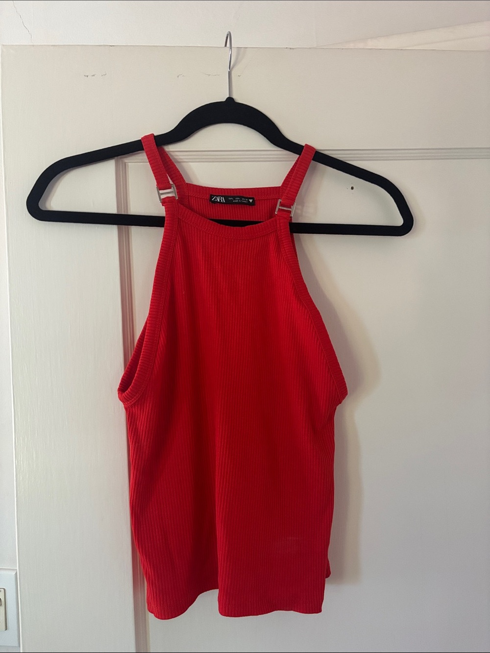 ZARA Bright Red Ribbed Halter Tank with Adjustable Straps